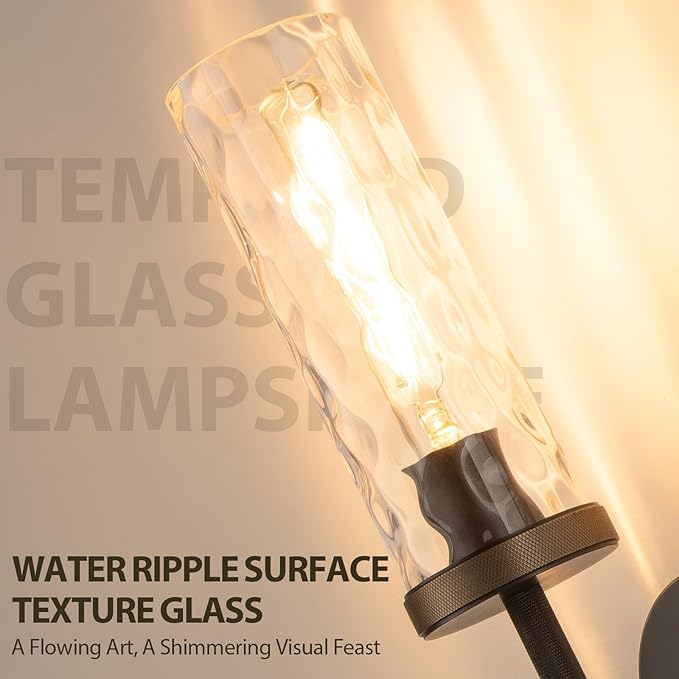 15" Knurled Brass Wall Sconces Set of 2, Black Gold Bathroom Vanity Light Fixtures with Water Ripples Glass Tube, Modern Lamp Lighting for Bedroom, Living Room, Hallway, Staircase, Mirror, Kitchen