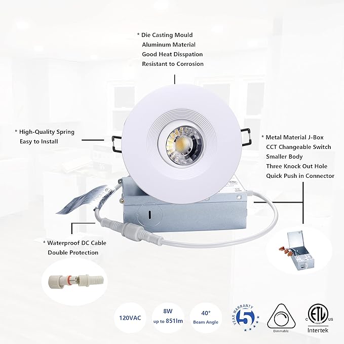 POPANU Premium Canless Recessed Gimbal Downlight Rotatable-Spotlight 5 CCT 4 Inch Eyeball Ceilling Potlight, Dimmable Lights Fixture with Junction Box, 8W, White Round Trim, with Baffle, 6P