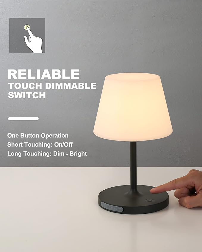 WEILAILUX Outdoor Battery Operated Table Lamp Waterproof, 4000mAh Cordless Table Lamp Rechargeable, Touch Dimmable Desk Lamp, LED Night Light for Patio Camping Restaurant Home, H9.6in, Dark Grey