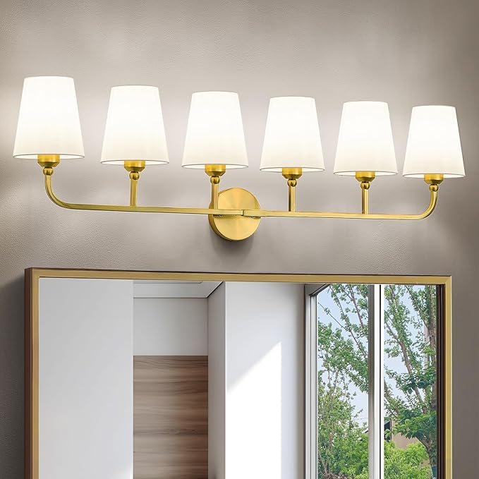 Bathroom Vanity Light, Brushed Gold Bathroom Light Fixtures, 6-Light Lighting Fixtures Over Mirror, Modern Wall Sconce with Flared White Fabric Shade, E26 Socket(ETL Listed)
