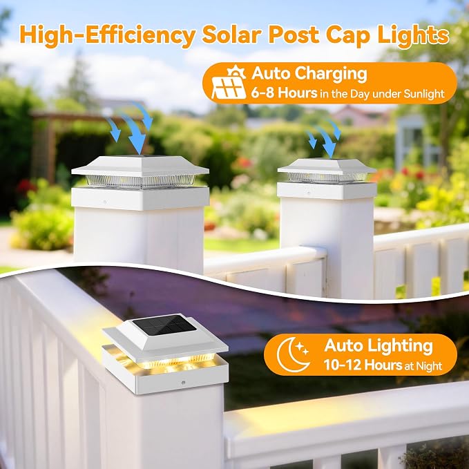 Solar Post Cap Lights 12-Pack, IP65 Waterproof Fence Post Solar Lights for 4x4 Wood/Vinyl Posts, Outdoor Post Lights with 2 Color Modes Decorate Garden Patio Porch Backyard, White