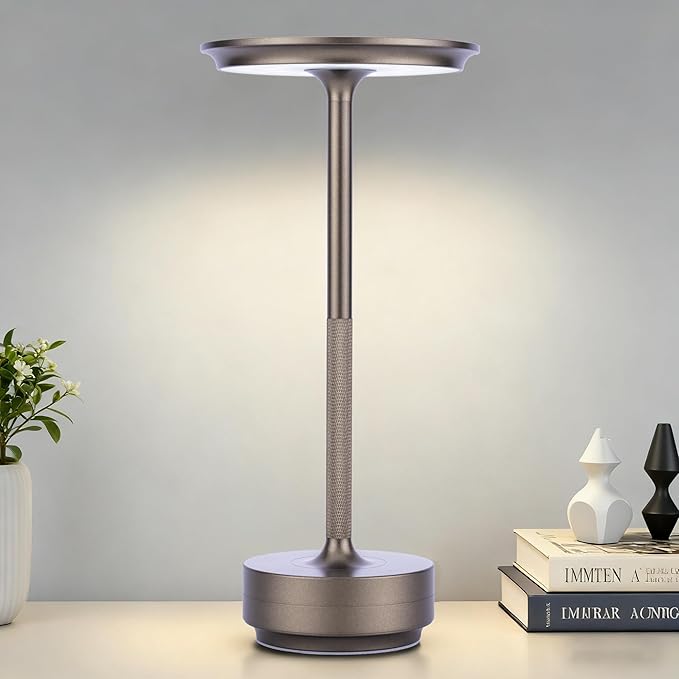 UdoUto Cordless Table Lamp Rechargeable - 5000mAh Battery Operated LED Table Light with Touch Stepless Dimming - Portable Coffee Metal Outdoor Lamp for Patio, Restaurant, Living Room