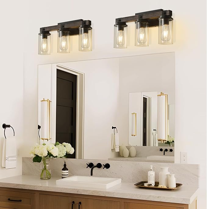 Bathroom Vanity Light Fixtures, Wooden Farmhouse Bathroom Lights over Mirror Vintage Rustic Sconces Wall Lighting 3-Light Industrial Matte Black Vanity Light for Bathroom Bedroom Hallway Kitchen