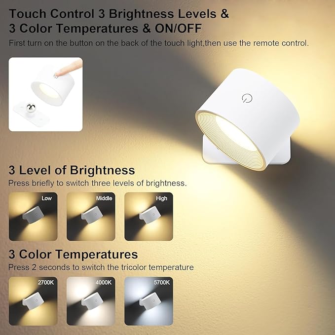 Lightess Battery Operated Wall Sconce Set of 2, 19 Colors Dimmable Wall Lights for Bedroom, 5000mAh Rechargeable Cordless Wall Lamps for Bedroom Hallway, White