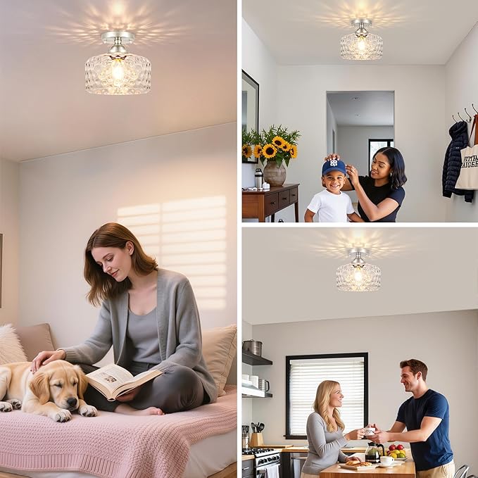 Small Semi Flush Mount Ceiling Light Fixture, Vintage Brushed Nickel Close to Ceiling Lighting with Hammered Glass Shade for Hallway, Kitchen, Entryway (Retro Design, Easy Install)