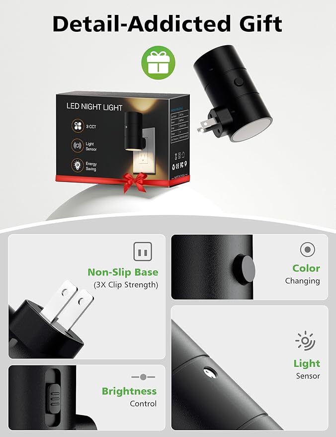 JOFIOS Night Lights Plug Into Wall,Dimmable LED Nightlight with Dusk to Dawn Sensor,0-100LM Adjustable Brightness,3 Color Temperatures,Night Light for Hallway Bathroom Stair Bedroom,Black,4 Pack