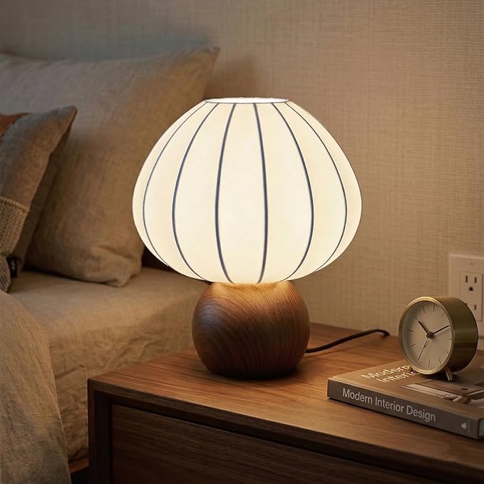 Mushroom Table Lamp, Metal Bedside Lamp with Stepless Dimming, Handcrafted Silk Lampshade Nightstand Lamp for Cozy Bedroom, Living Room, Kids Room
