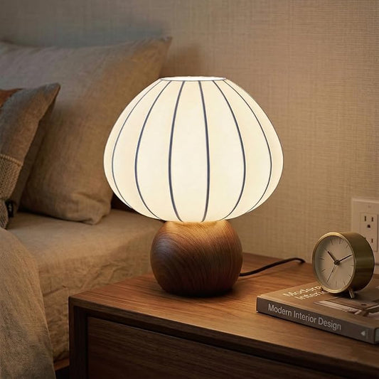 Mushroom Table Lamp, Metal Bedside Lamp with Stepless Dimming, Handcrafted Silk Lampshade Nightstand Lamp for Cozy Bedroom, Living Room, Kids Room