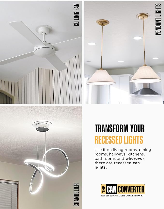 The Can Converter R56 Recessed Can Light Conversion Kit w/ 7"¾ Flat Steel Ceiling Medallion - Home Improvement for 5" & 6" Cans, Converter Kit for Ceiling Fan & Light Fixture, UL Certified, White