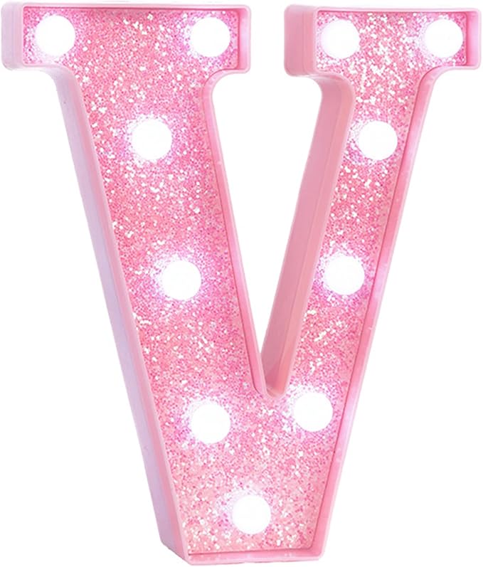 Pink Marquee Light Up Letters, Glitter Alphabet LED Letter Lights for Pink Birthday Party Decorations, Battery Operated Letter Sign for Girls Room Vanity Table Decor, Cool White Lights Letter V