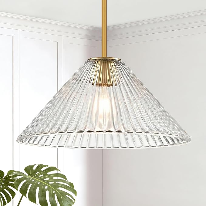 15.7 Inch Modern Pendant Lights, Ribbed Clear Glass 1-Light Single Pendant Lighting Fixtures, Cone Minimalist Ceiling Hanging Light for Kitchen Island Dining Room Over Sink Table Hallway