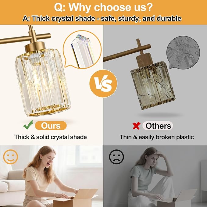 Modern Crystal Bathroom Vanity Light, 2-Light Brushed Gold Bathroom Light Fixtures with Clear Shades, Vanity Lighting Fixtures Over Mirror (Exclude Bulb)