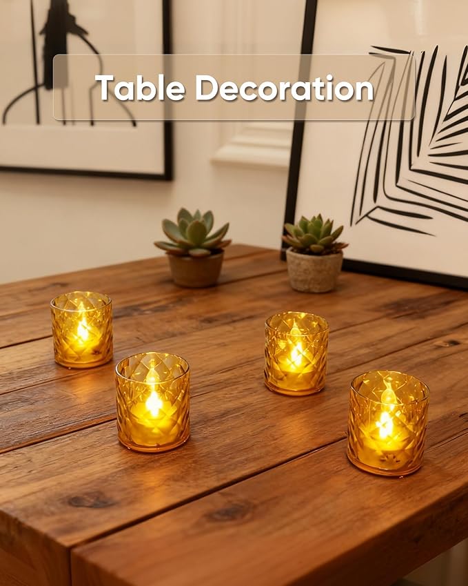 Homemory 2" x 2" Acrylic Votive Candle Holders with Auto Timer Flameless Led Tealight, Battery Powered Fake Electric Candles for Wedding Centerpiece, Table, Christmas Decor (12Pack, Gold Base)