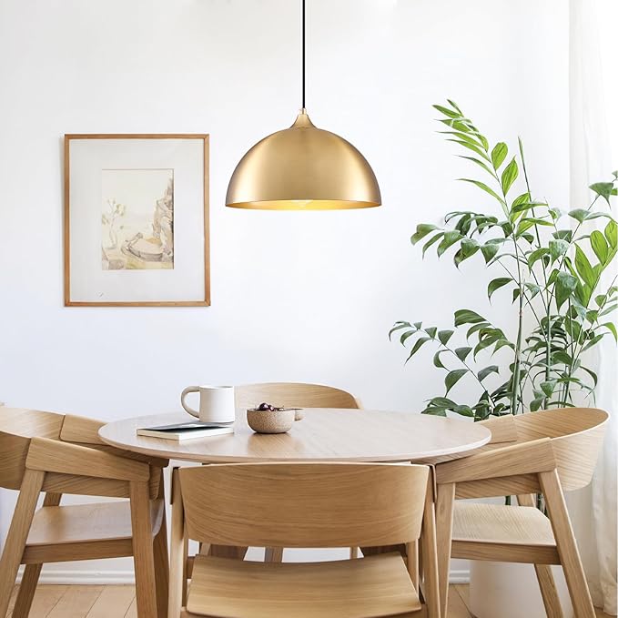 Gold Pendant Light 11.8", Industrial Dome Pendant Lights with Gold Interior, Adjustable Farmhouse Hanging Light for Kitchen Island Dining Room Bedroom Restaurant, 3 Pack