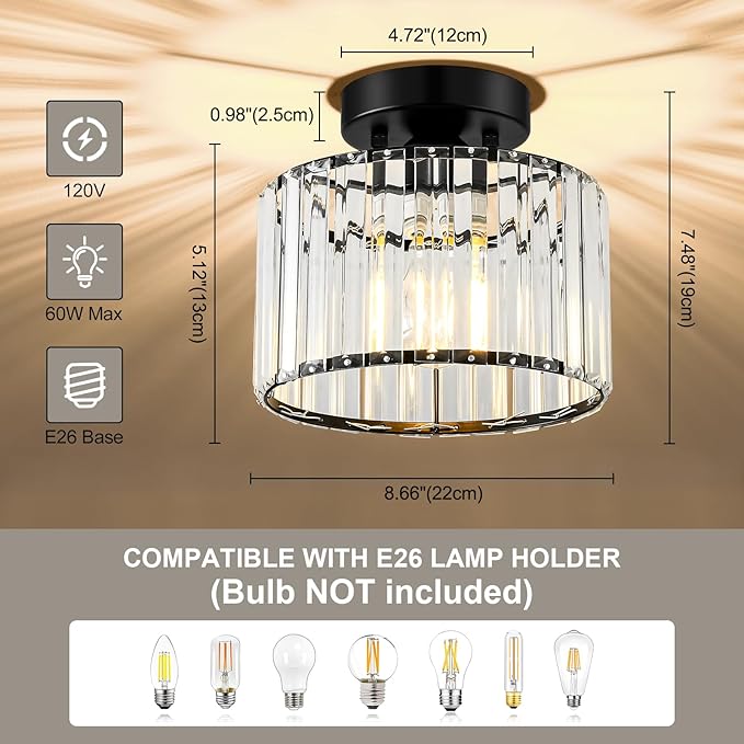 Crystal Black Semi Flush Mount Ceiling Light Modern Hallway Light Fixture Metal Close to Lamp for Entryway Bedroom(8.66 inch)