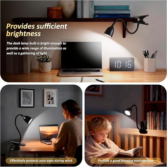 EJIAXIN Desk Lamp for Home Office - Clip on Reading Light and Bed Headboard Clamp Lamp, Bedside Gooseneck Table Lamp, Clip on Desk Lamps, Eye-Caring Desk Lamp for College Dorm Room Study Lamp, Black
