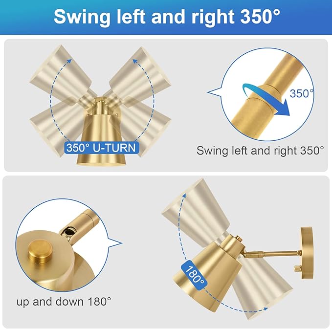 VATONI Dimmable Wall Sconce, Plug in Wall Sconce Adjustable Angle Wall Lights with Plug in Cord and Dimmer On/Off knob Switch, Gold Wall Mounted Light for Bedside Bedroom Doorway(1 Pack, 1 Bulb)