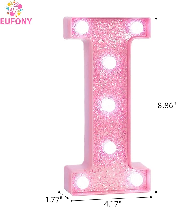 Pink Marquee Light Up Letters, Glitter Alphabet LED Letter Lights for Pink Birthday Party Decorations, Battery Operated Letter Sign for Girls Room Vanity Table Decor, Cool White Lights Letter I