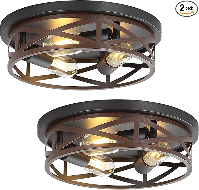 13 Inch Farmhouse Close to Ceiling Light Fixtures, Metal Cage Flush Mount Ceiling Light 3-Lights, Black Industrial Semi Flush Mount Ceiling Light for House Hallway Kitchen Bedroom, 2 Pack