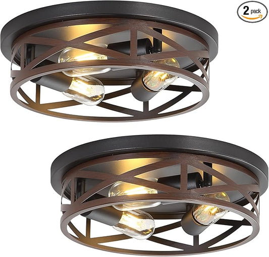 13 Inch Farmhouse Close to Ceiling Light Fixtures, Metal Cage Flush Mount Ceiling Light 3-Lights, Black Industrial Semi Flush Mount Ceiling Light for House Hallway Kitchen Bedroom, 2 Pack
