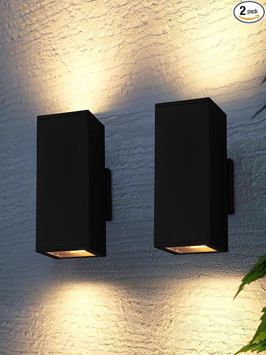 LEONLITE Modern Outdoor Rectangular Wall Lights 12", Up and Down Porch Patio Lights, Matte Black Waterproof Wall Sconce, Aluminum, E26 Base, Exterior Light Fixture Wall Mount, ETL, Pack of 2