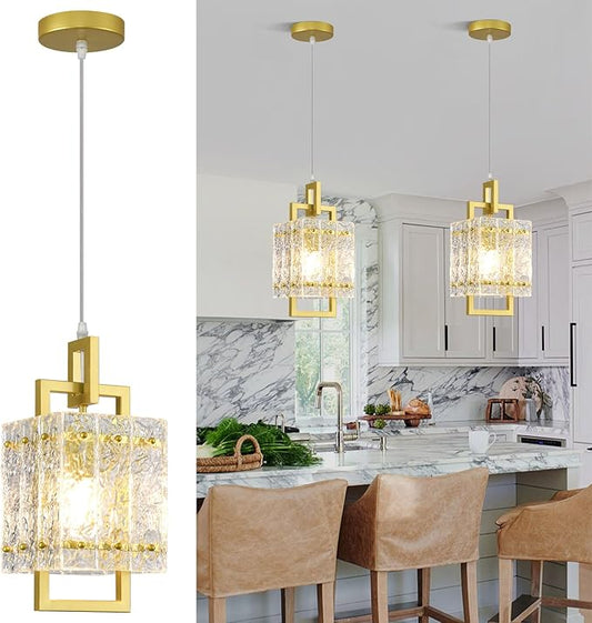 Gold Pendant Light Fixture - Modern Kitchen Island Water Ripple Glass Square Light - Adjustable Hanging Lighting for Kitchen Dining Room Over Island - 1 Pack
