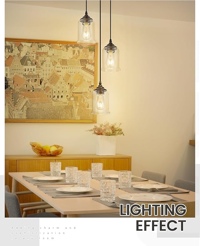 zeyu 3-Light Cluster Pendant Light, Farmhouse Hanging Lights for Kitchen, Oil Rubbed Bronze Pendant Light Fixtures Adjustable with Clear Glass Shade, ZSL104-3 ORB