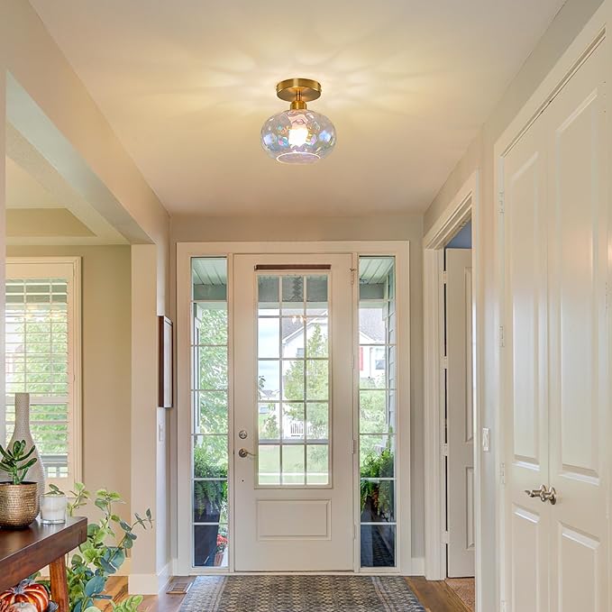 Vintage Glass Flush Mount Ceiling Light - 2 Pack，7.9 Inch Rainbow Hammered Glass Hallway Light fixtures Ceiling, Gold Semi Flush Mount Ceiling Light for entryway Foyer Laundry Room Kitchen