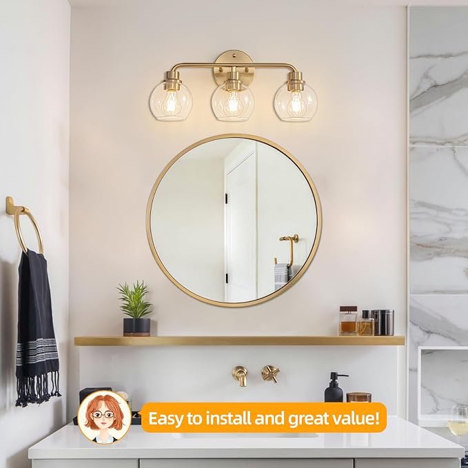 Bathroom Light Fixtures Gold Vanity Light 3 Light Wall Sconces Lighting Brushed Brass Lights with Clear Globe Glass Shades Bath Wall Lamp for Mirror Kitchen Living Room Bedroom Hallway
