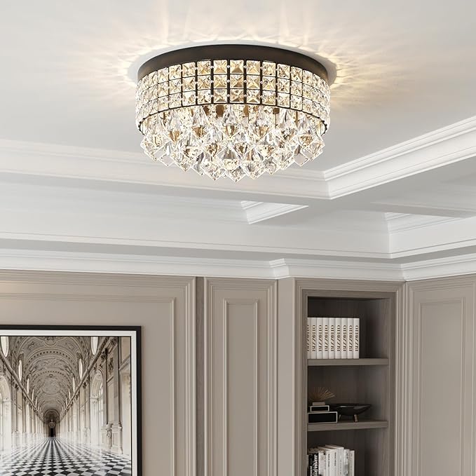 Maxax 4 Lights Crystal Chandelier, Recessed Drum Ceiling Light, Mini Crystal Flush Mount Round Metal Shade Raindrop Chandelier Crystal for Dining Room Living Room Bathroom Bedroom, Black