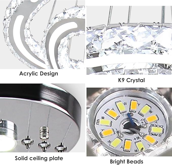 CXGLEAMING Modern Chandeliers Crystal Ceiling Light 3 Rings Dimmable LED Pendant Light Fixture Ceiling Hanging for Living Room Dining Room Bedroom Kitchen 250mm Base 209 Crystals(Dimmable)