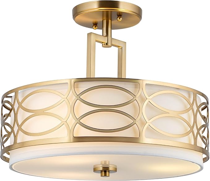 Kira Home Sienna 15" Modern Lattice Drum Gold Semi-Flush Mount, 3-Light Gold Ceiling Light with White Linen Shade & Glass Diffuser, Cool Brass Finish