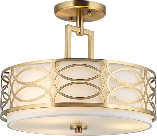 Kira Home Sienna 15" Modern Lattice Drum Gold Semi-Flush Mount, 3-Light Gold Ceiling Light with White Linen Shade & Glass Diffuser, Cool Brass Finish