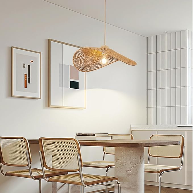 Boho Rattan Pendant Light Fixture Modern Style Hanging Light Bohia Natural Bamboo Handmade2-Light Hanging Lamp for Farmhouse Bedroom Living Room Dining Room M Size