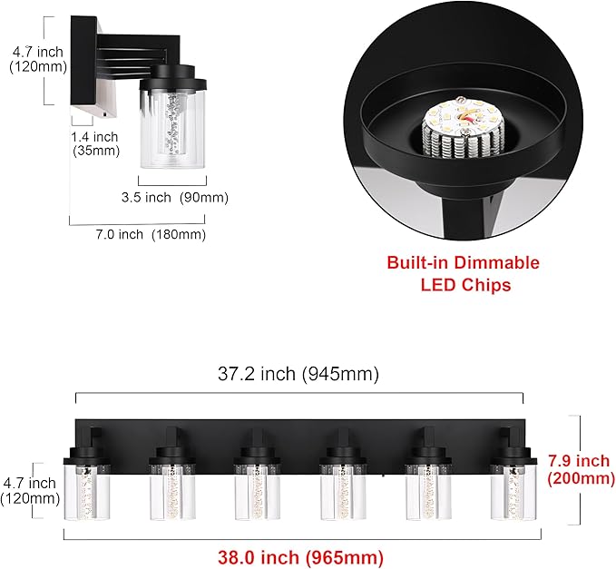 MELUCEE 6-Light Dimmable LED Bathroom Light Fixtures in Black Finish, Modern Bubble Crystal Vanity Lights for Bathroom 5CCT LED Wall Light Fixture with Clear Glass Shade, Built-in Led Chips