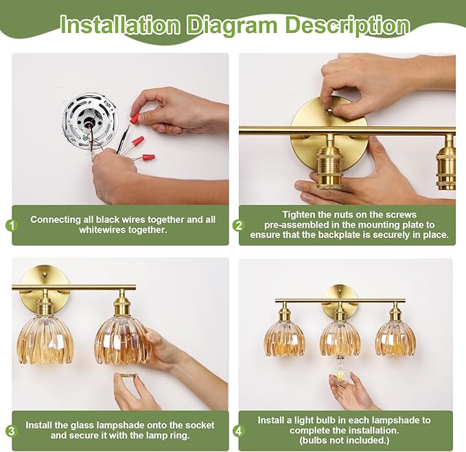 Vintage Bathroom Light Fixtures,3-Light Hardwired Vanity Lights with Green Tulip Glass Shade,Gold Bathroom Vanity Light for Mirror Restroom,E26 Socket,18.5 in(Bulbs Not Included)