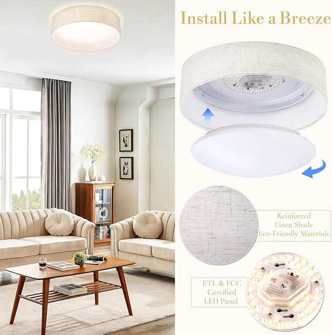 Hamilyeah LED Flush Mount Ceiling Light Fixture Set of 2, Dimmable Ceiling Light Fixture with Fabric Shade 24W 12inch 5CCT, Drum Light Fixture Ceiling Mount for Living Room, Kitchen, Bathroom, Bedroom