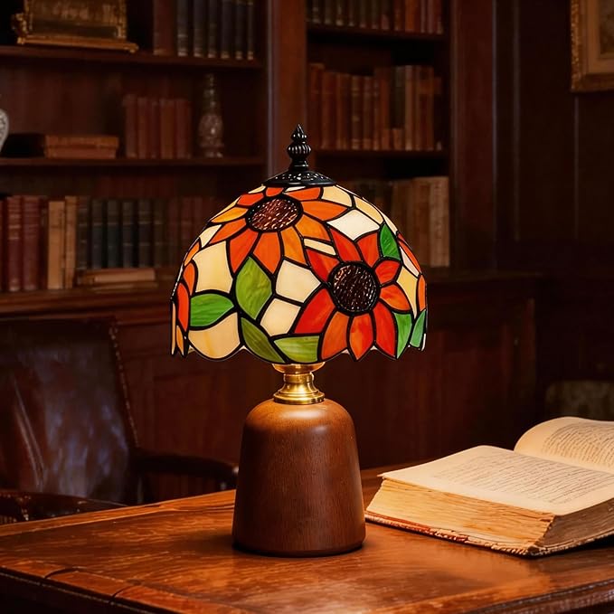12.2" Tiffany Style Lamp, Handcrafted Stained Glass Sunflower Table Lamp with Solid Wood Base, 3-Color Dimmable Bedside Lamp for Nightstand & Bedroom, Vintage Aesthetic Accent Light