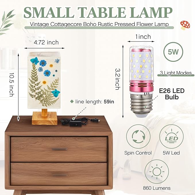Hortsun Pressed Flower Lamp Vintage Table Small Lamp Cottagecore Decor Boho Night Light Decorative Rustic Night Light for Bedroom, Living Room or Office, Valentine Gift for Women(Rectangle)