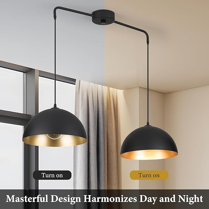 Pendant Lights Kitchen Island, 2-Light Black and Gold Dome Pendant Light Fixtures, Island Lights for Kitchen Farmhouse Dining Room Restaurant