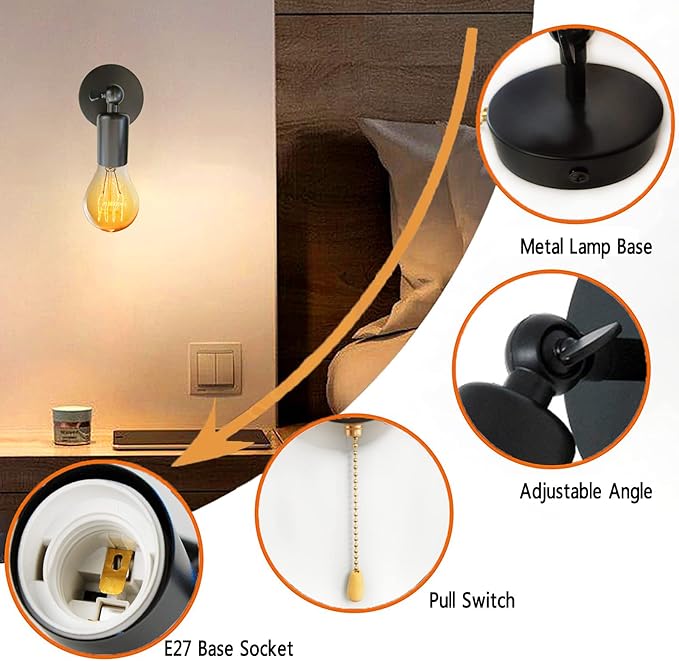 Adjustable Retro Wall Sconce Light with Pull Chain Switch Vintage Black Wall Lights Fixture with On Off Switch E26 Indoor Wall Lamps for Home Bedroom Kitchen Wall Mount ighting, NO Bulb