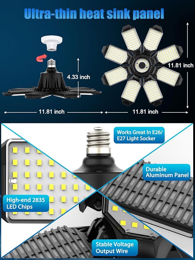 TANBABY 2 Pack LED Garage Lights, 260W Deformable Garage Light Bulb, Total 52000LM 6500K Daylight, 8+1 Adjustable Panels, E26/E27 Screw-in Ceiling Light for Basement