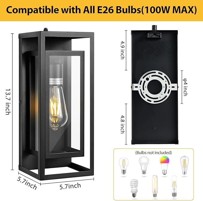 14" Outdoor Wall Lights Fixtures Dusk to Dawn Exterior Lighting Fixtures, Black Outdoor Wall Lantern with E26 Socket, Modern Front Porch Light, Coach Lights for Garage, Porch, Front Door 2Pack