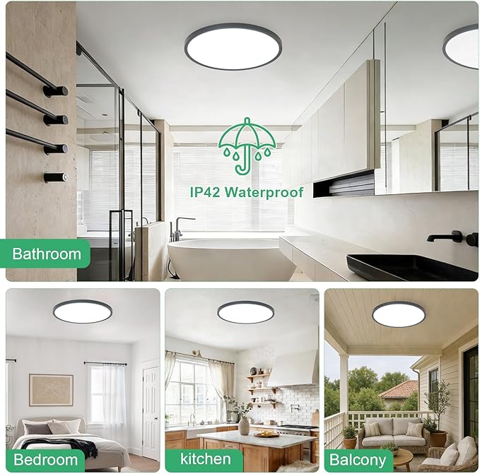 1PK 15.8 Inch LED Flush Mount Ceiling Light Fixture, 32W,3200LM,3000K/4000K/6000K CCT Selectable,0.67 inch Super Slim LED Ceiling Light for Bedroom,Hallway,Kitchen,Black