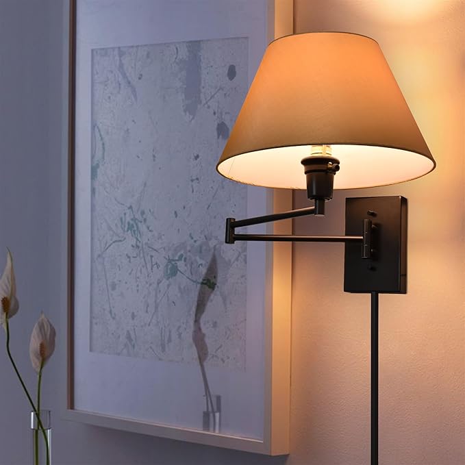 Kira Home Cambridge 15" Modern Swing Arm Wall Sconce with Opaque Empire Paper Shade, 2-in-1 Plug in or Hardwired Wall Lamp with 3-Way Switch, Black Finish