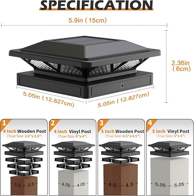 SIEDiNLAR Solar Post Cap Light 2 Modes 12 Pack, 3.5x3.5 4x4 4.5x4.5 5x5 Wooden/Vinyl Posts, Waterproof Outdoor Lighting for Fence Deck Patio Garden Decor, White/Warm (Black)