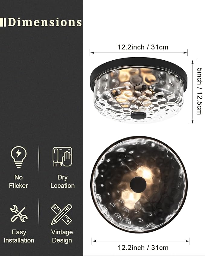 12 Inch Farmhouse Flush Mount Ceiling Light, 2 Light Industrial Close to Ceiling Light, Industrial Ceiling Lighting Fixture for Kitchen Hallway Bedroom Living Room (12.2 Inch Black)