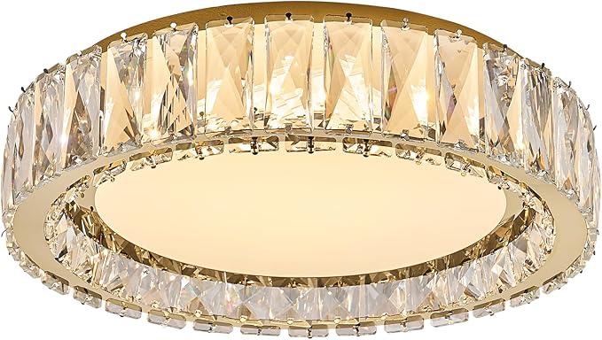 Crystal Dimmable Flush Mount Ceiling Light, Gold Modern LED Close to Ceiling Light Fixture with 5CCT 2700K-6000K, Round Kitchen Lighting for Bedroom Laundry Room, Hallway, Living room (15in 36W)