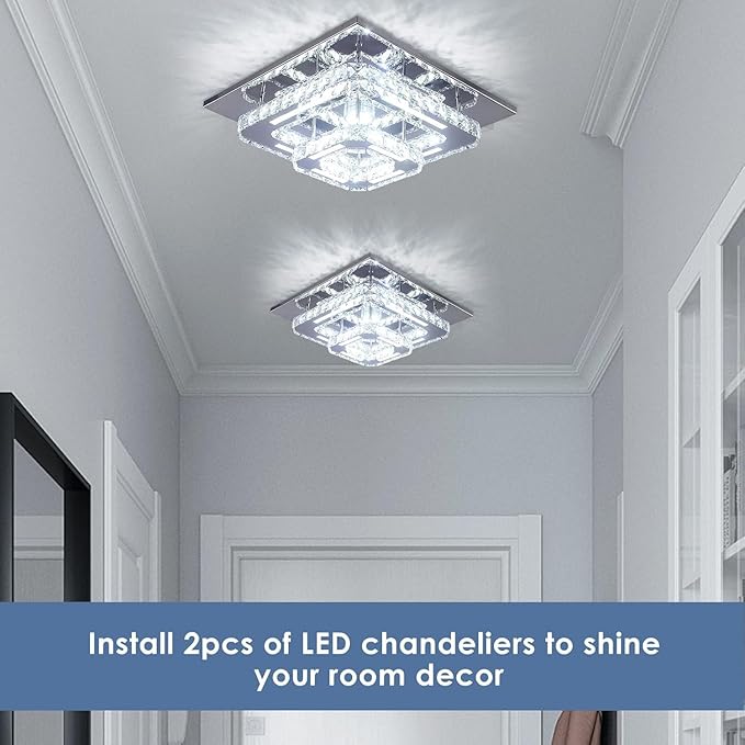 FRIXCHUR Crysta Chandelier LED Crystal Ceiling Light 2 Layers 12 inch Dimmable Flush Mount Ceiling Light Modern Chandeliers Lighting for Bedroom Hallway Staircase Kitchen Closet (3 Colors Change)