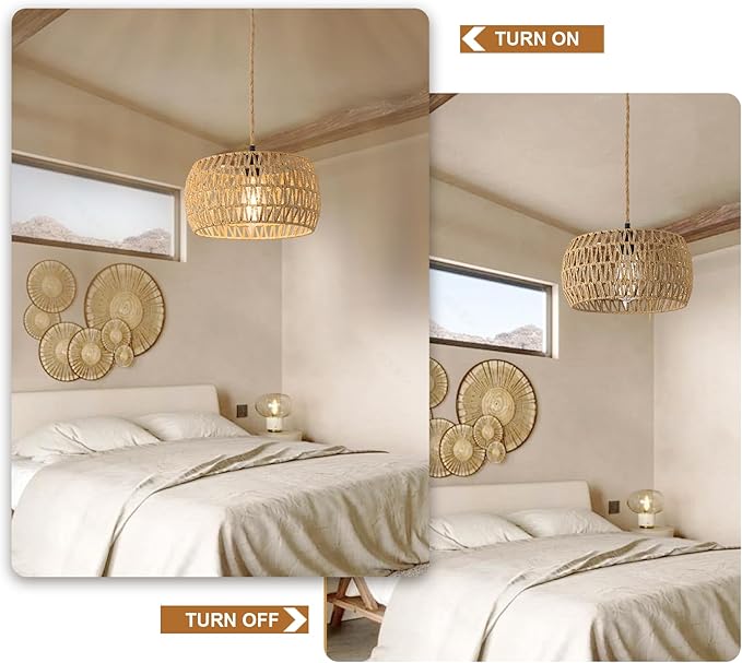 Boho Rattan Pendant Lights Farmhouse 12 Inch Plug in Chandelier Light Fixture Rustic Wicker Hand Woven Pendant Hanging Light with Cord for Dining Room Kitchen Bedroom Foyer Hallway